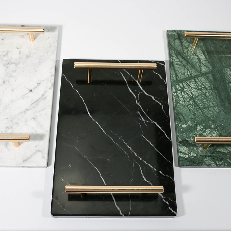 Rectangle Marble Tray With Gold Handles