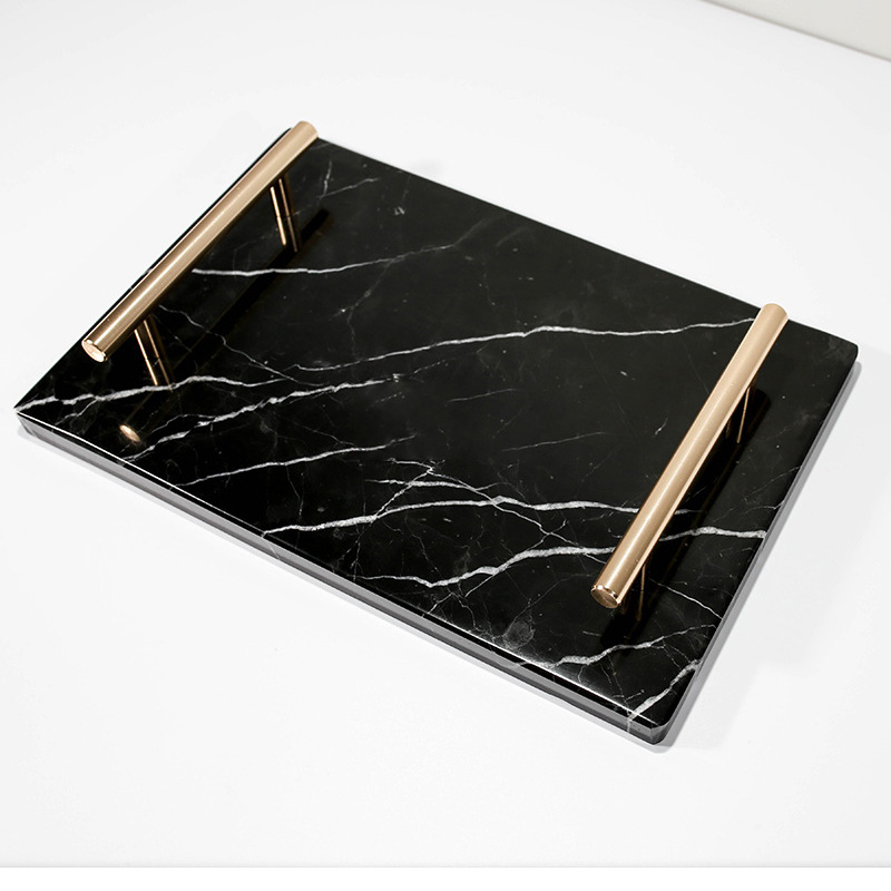 Green White Black Rectangle Marble Tray With Gold Handles