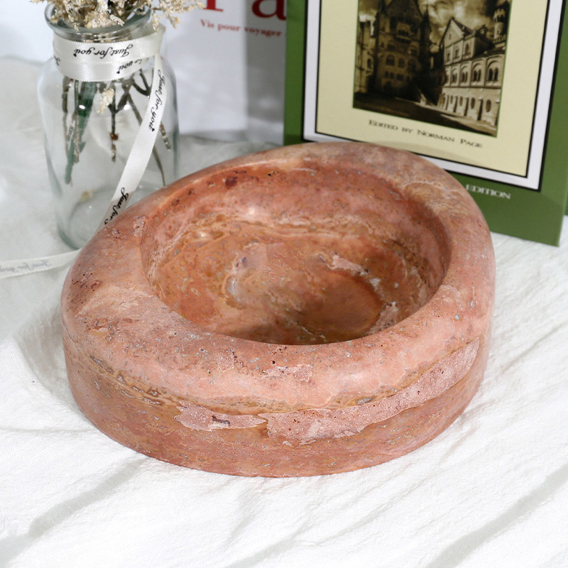 Marble red travertine pet bowl