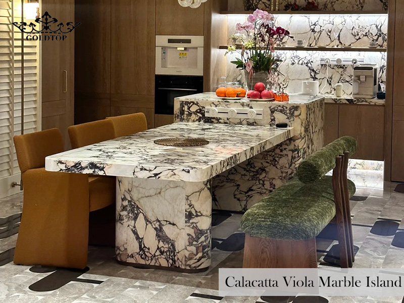 Calacatta Viola Marble extended Island with dining table