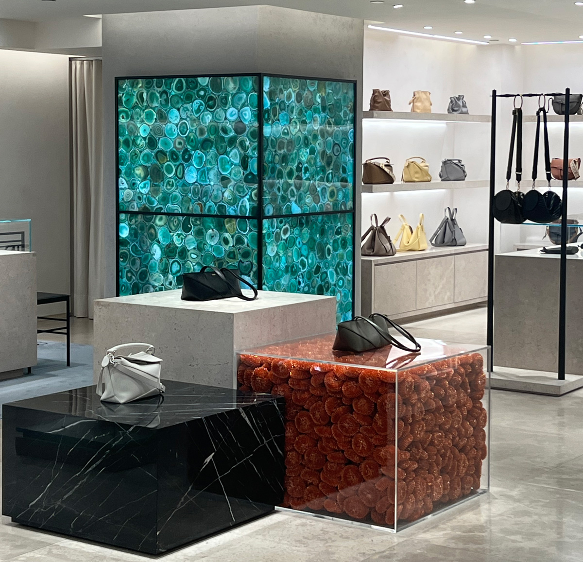 LOEWE Store Design with Backlit Green Agate Stone