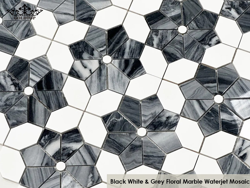 Black White & Grey Floral Marble Waterjet Mosaic