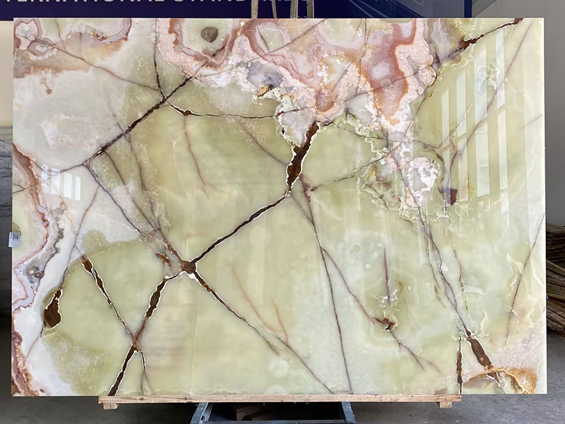 Natural Antique Green Onyx Slab with Red Veins