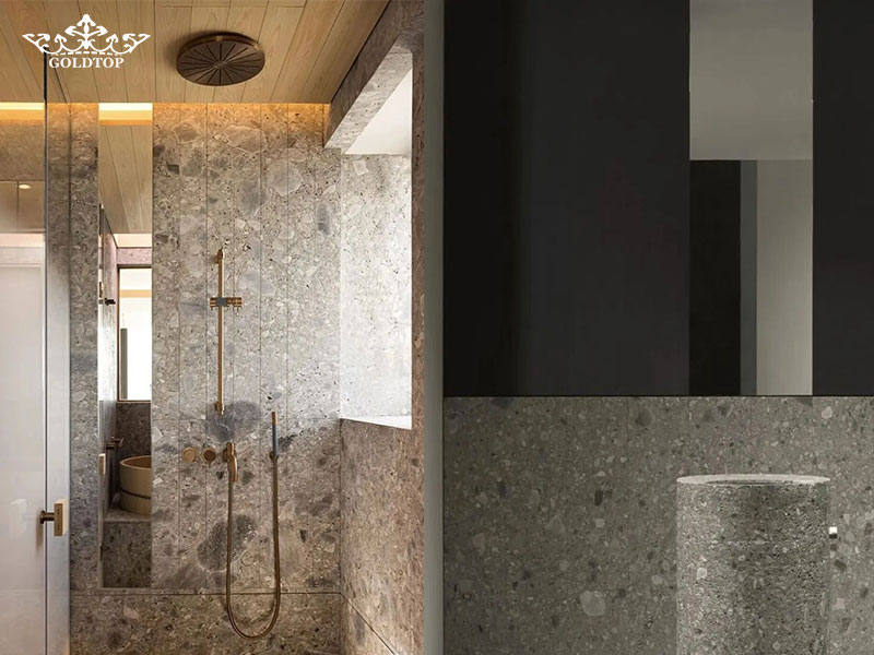 Ceppo Di Gré can be used for interior wall cladding, flooring, countertops, and bathroom finishes.