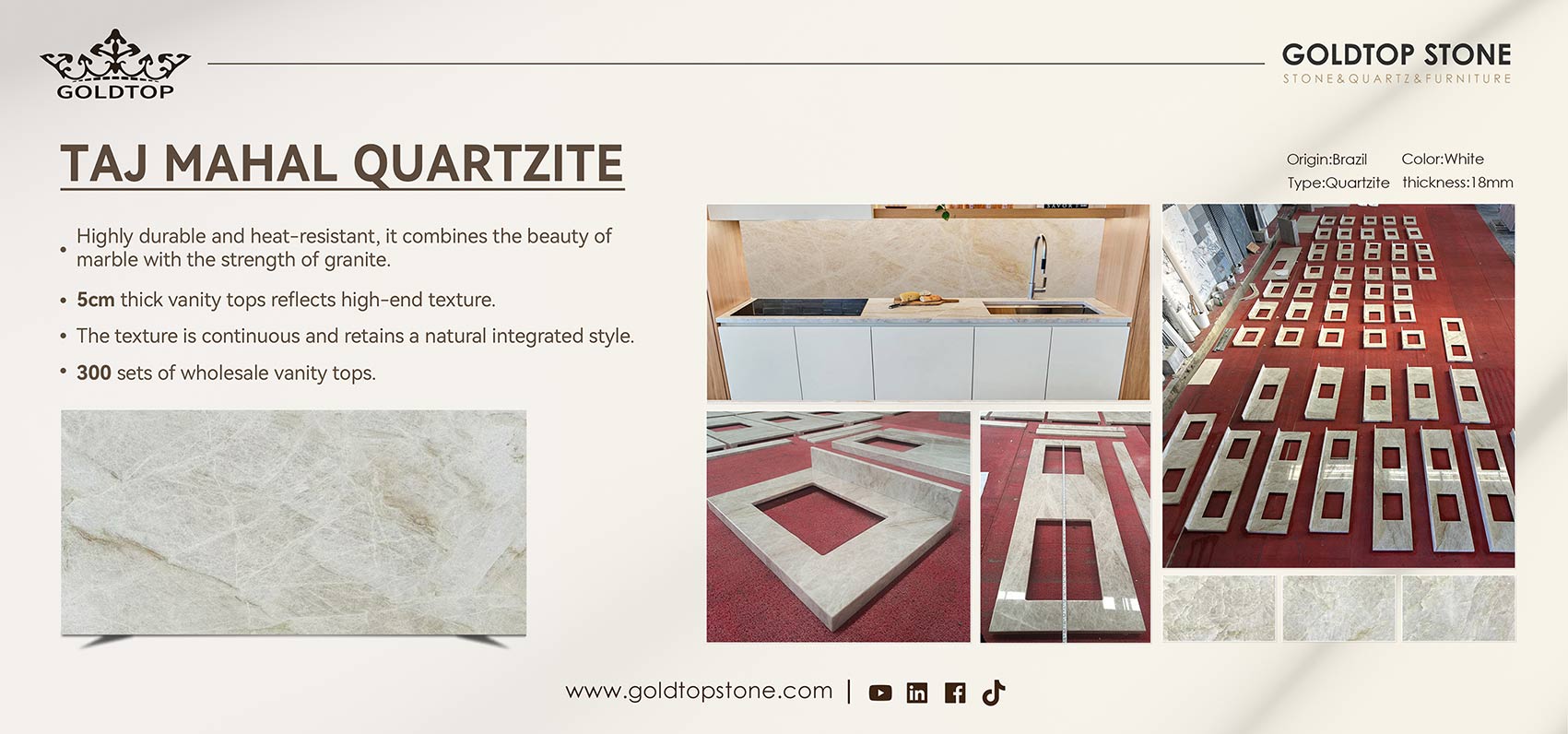 Taj Mahal Quartzite Vanity Tops – Natural Elegance for High-End Projects